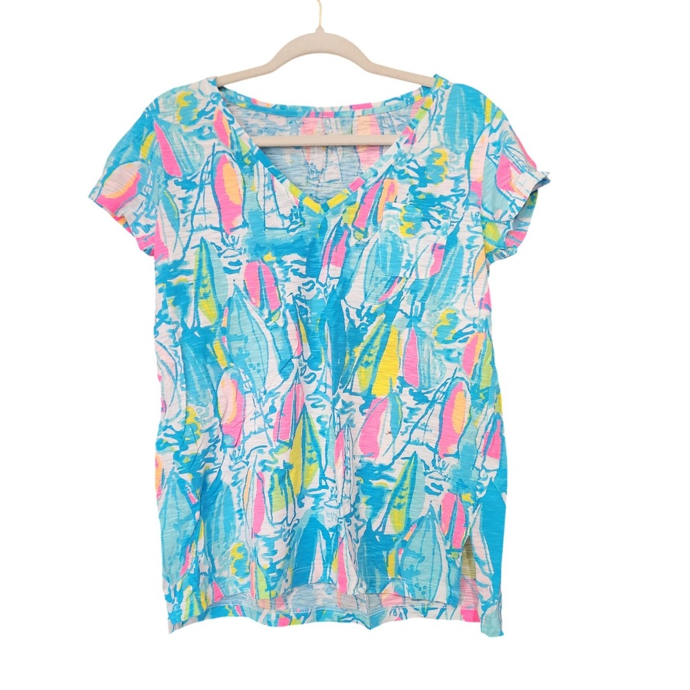 Lilly Pulitzer Etta V-Neck Slub Cotton Sailboat Print Pocket Tee Blue Pink S